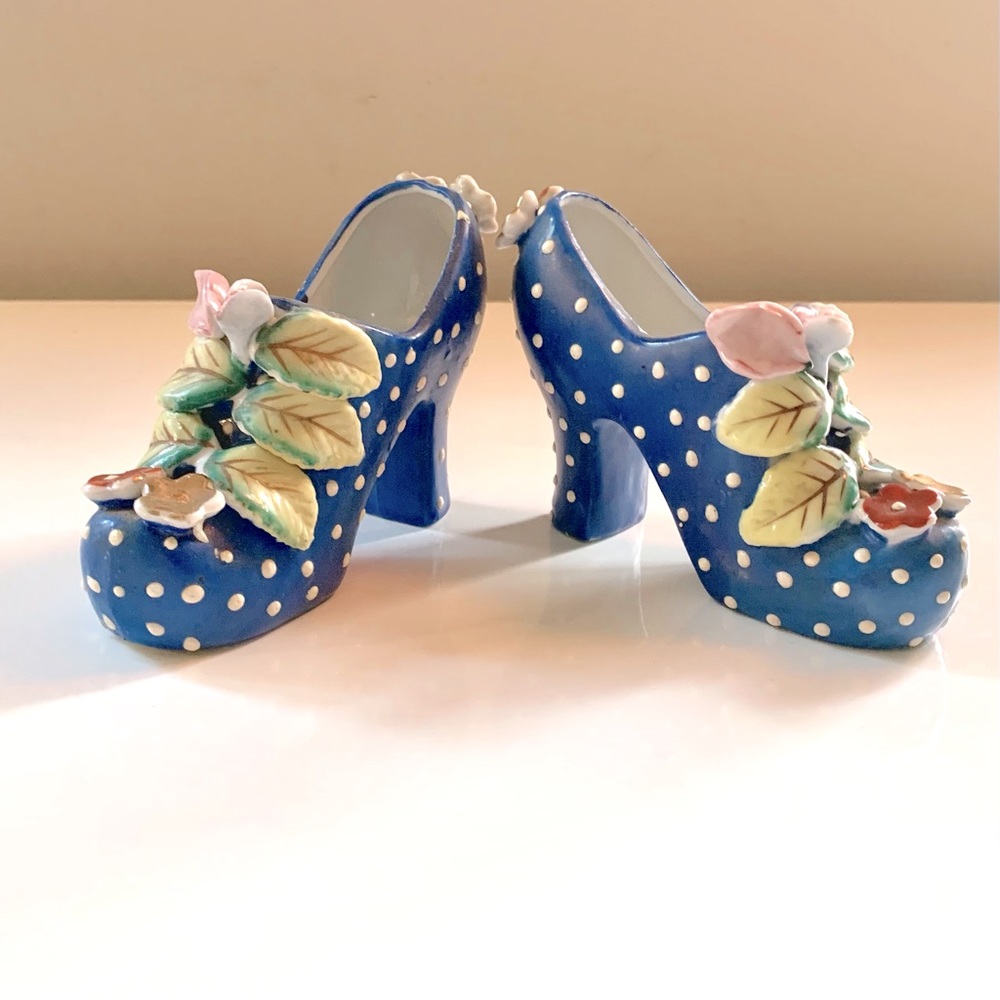 2 Vintage Porcelain Shoe Planters w/ Dots & Flowers